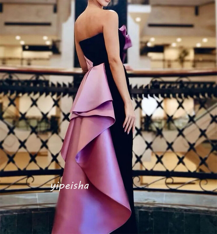 Prom Dress Saudi Arabia Satin Draped Pleat Cocktail Party Sheath Strapless Bespoke Occasion Gown Long Sleeve Dresses