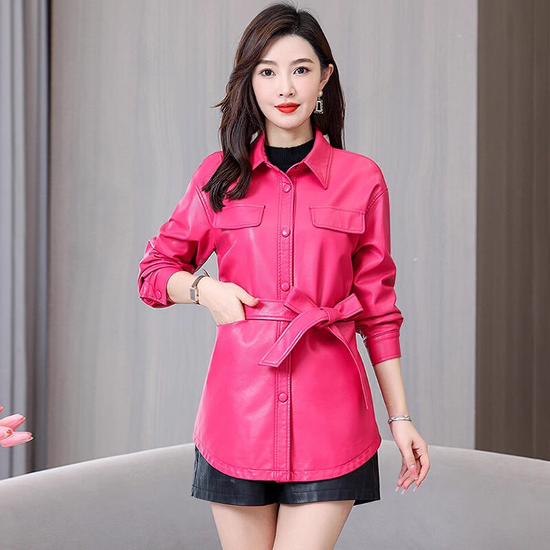 New Women Shirt Style Leather Jacket Spring Autumn Fashion Casual Turn-down Collar Lace-up Slim Leather Coat Split Leather