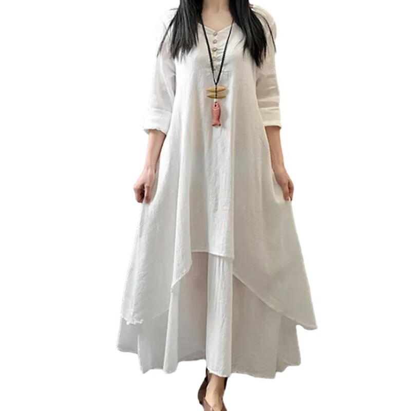 Frauen elegante Leinen weiße Kleider Böhmen Schichtung Vintage Robe Langarm lose lange Kleid weibliche Herbst Vestidos