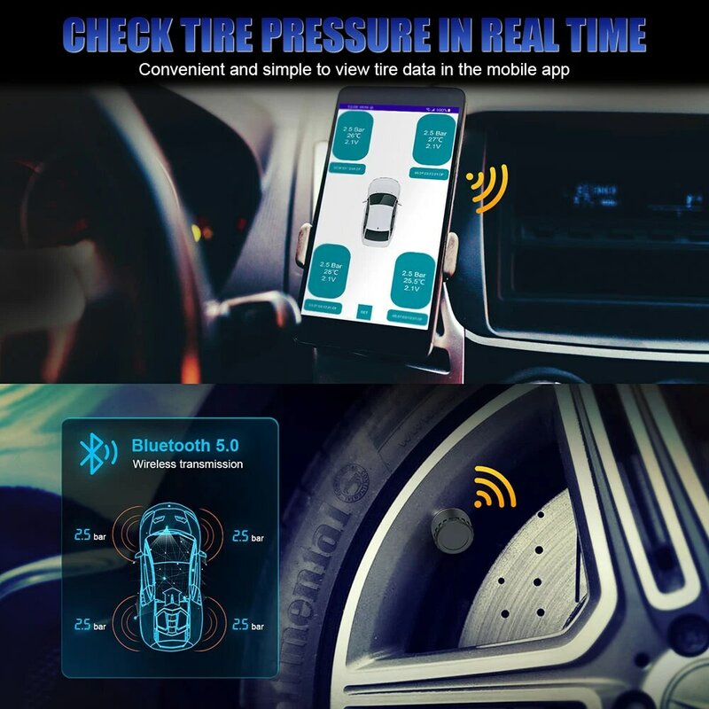 Motorcycle Tire Pressure Monitoring System, Tyre Tester, Auto Acessórios, Android, IOS, TPMS, Bluetooth 5.0, 0-100PSI
