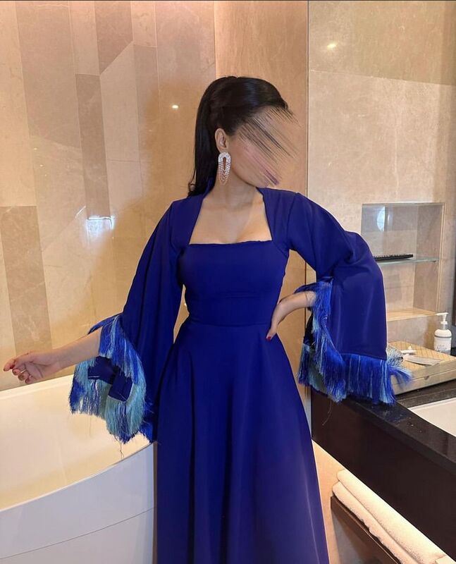 2023 Elegant Deep Blue Square Neck Cap Sleeve Prom Dress Tassel Backless Floor Length Satin Saudi Arabia Evening Party Gown
