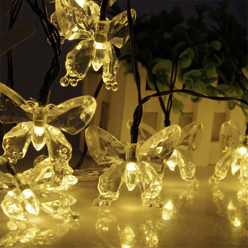 Borboleta de cristal led solar luzes da corda de fadas natal à prova dwaterproof água ano novo solar luzes led guirlanda jardim decoração de casamento