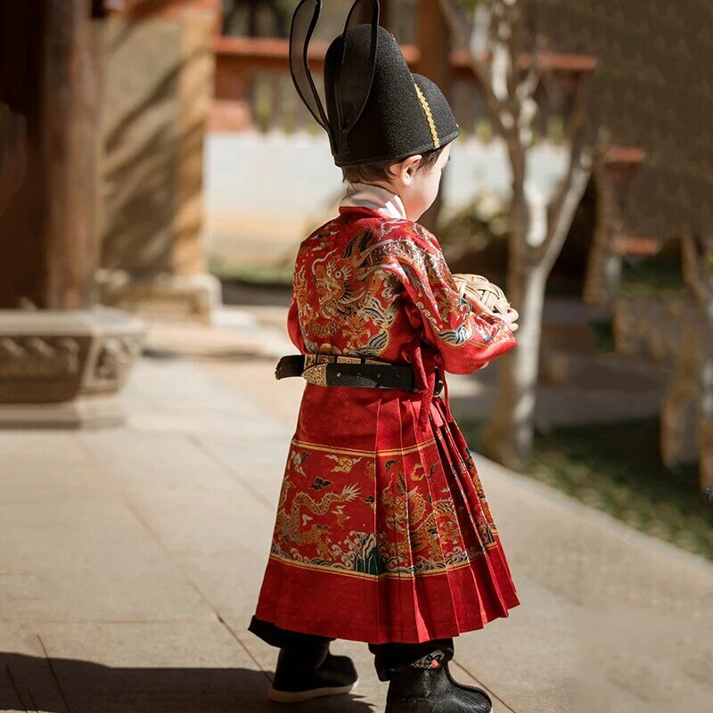 Hanfu-Vêtements de printemps et d'automne pour garçons, vêtements tissés de style chinois, vêtements de petit garçon, vêtements de prairie, vêtements de poisson rouge pour bébé d'un an