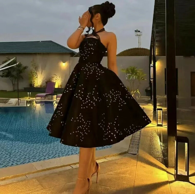 Koendye Black Tea Length Prom Dresses Halter Strapless Robe De Soirée Sleeveless A Line Short 2024 Cocktail Night Party Gowns
