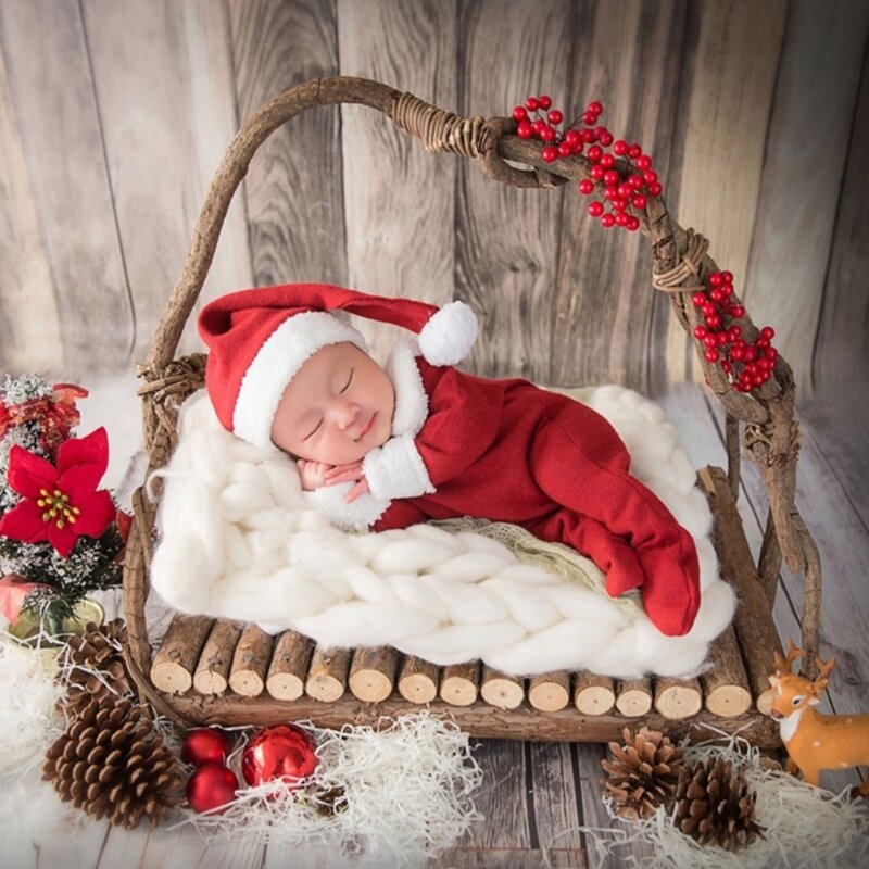 Adereços para sessão fotos recém-nascidos, chapéu Papai Noel, macacão com pés, roupa banho, presente