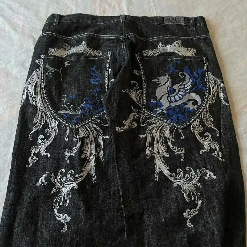 Jeans bordados Harajuku para homens e mulheres, calça casual tudo em um com pernas largas Y2K, tendência americana solta de hip-hop, tamanho grande, tenma