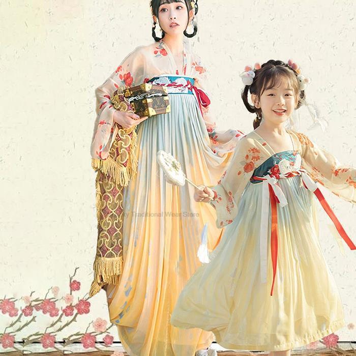 Traje de tela hanfu chino tradicional para adultos y niños, traje de escenario de baile folclórico de princesa antigua, vestido de Cosplay Oriental