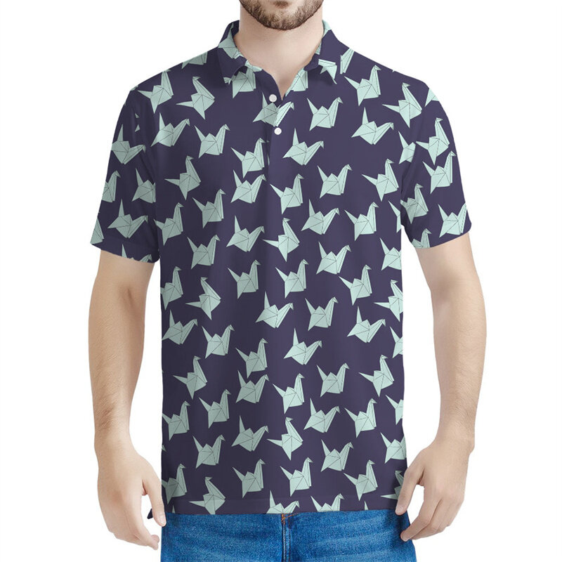 Kaus Polo motif burung Origami warna-warni kaus cetak 3d untuk Pria Atasan musim panas kaos oblong kebesaran kasual lengan pendek