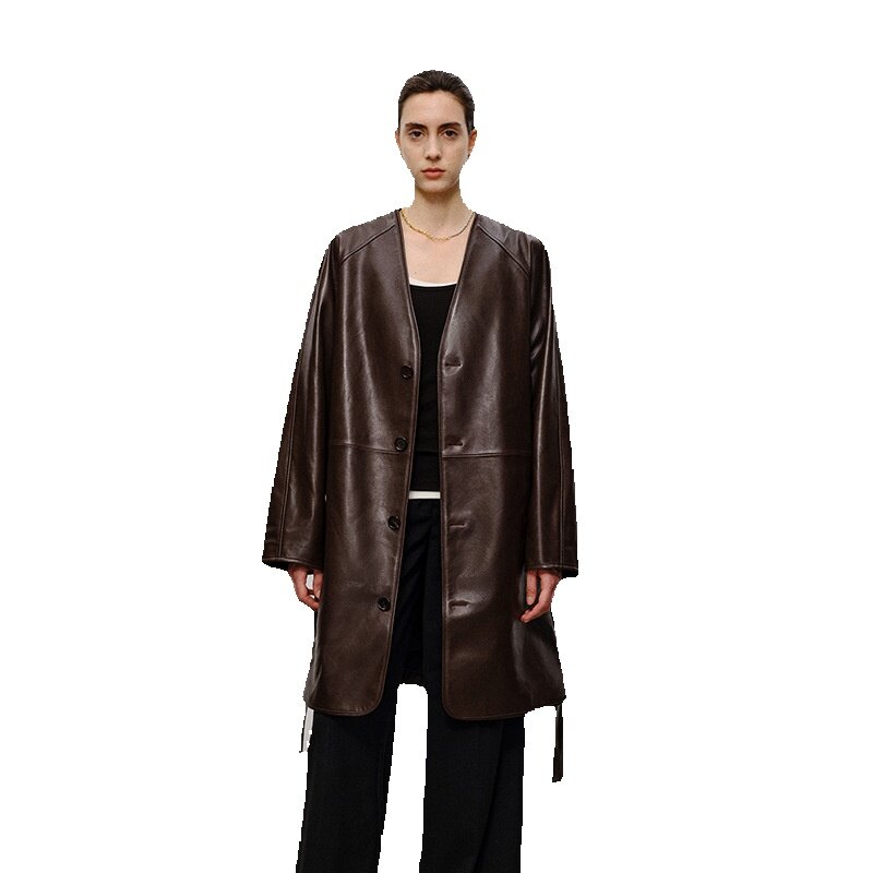 Trench coat de couro genuíno para mulheres, pele de ovelha bronzeada, decote em v prateado, silhueta elegante, semi vegetal, nova