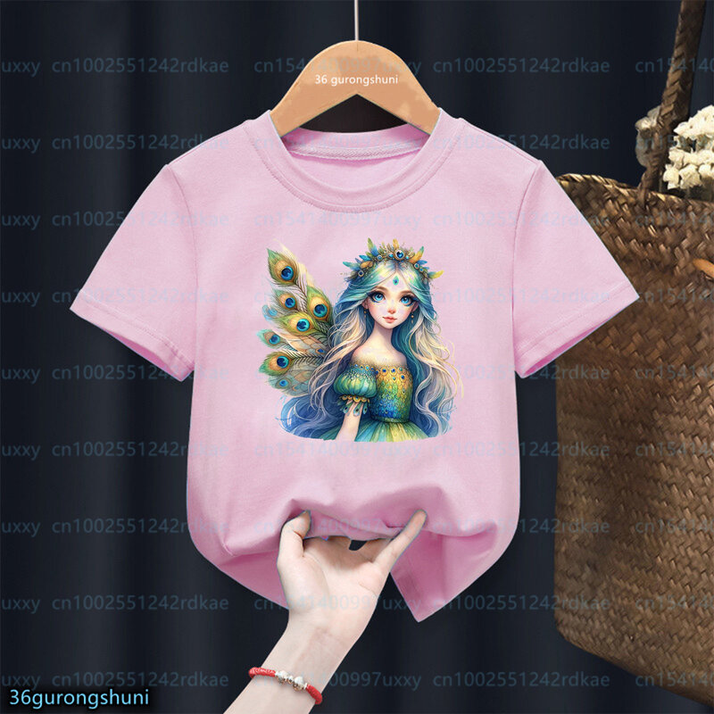Новое поступление 2024, футболка для девочек с графическим принтом сказочных сказок, Весенняя футболка для девочек с павлиньими феями, Детская летняя милая детская одежда