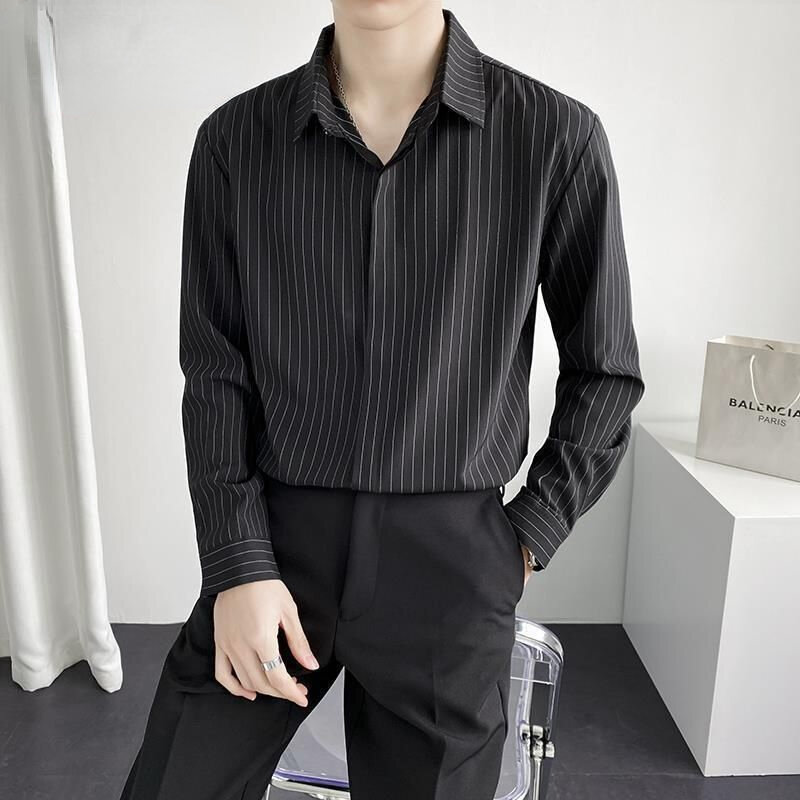 2023 Fashion Men Sets Contrast Color Lapel Stripe Long Sleeve Shirt Straight Pants 2 PCS Streetwear Korean Men Casual Suits D100