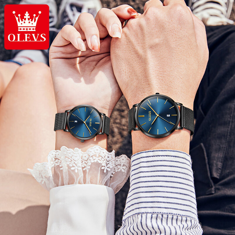 OLEVS jam tangan pasangan pria dan wanita, arloji Quartz 5869 Ultra tipis 6.5mm, tali jala tahan air tanggal otomatis minimalis