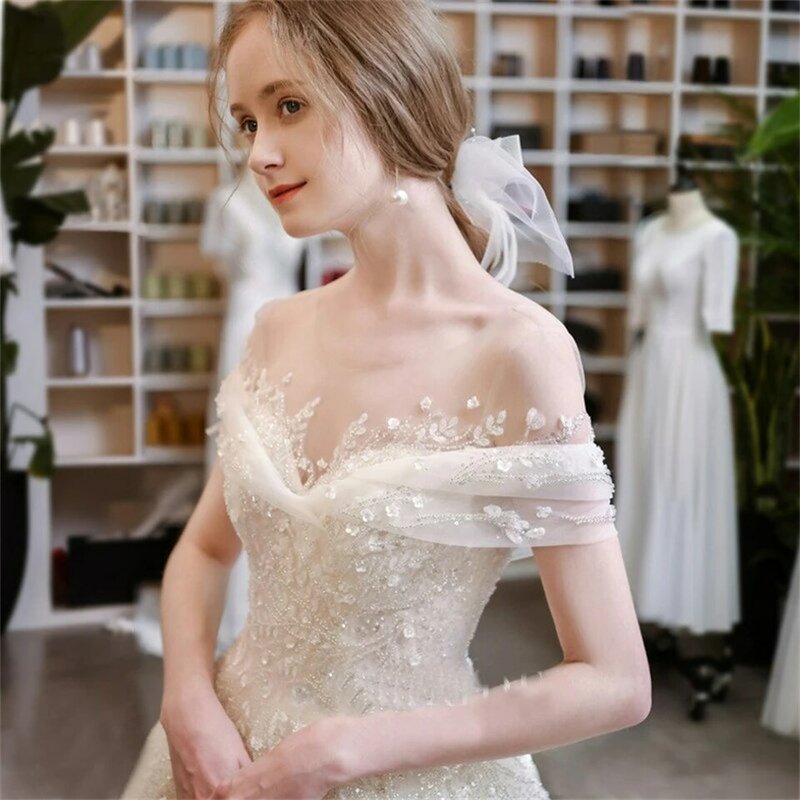 Squisiti abiti da sposa con paillettes con scollo a barchetta con spalle scoperte per le donne 2024 abiti da sposa con strascico Vestido De Noiva