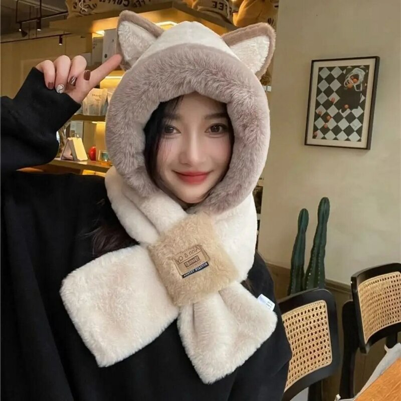 Windproof Integrated Cap Scarf Casual Thickening Ear Protection Hooded Scarf Plush Beanie Hat Scarf
