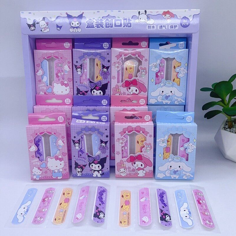 Plester perekat kuat kedap air Sanrio, 24 buah/kotak, keluarga Sanrio, tahan air, pembalut luka, plester lucu