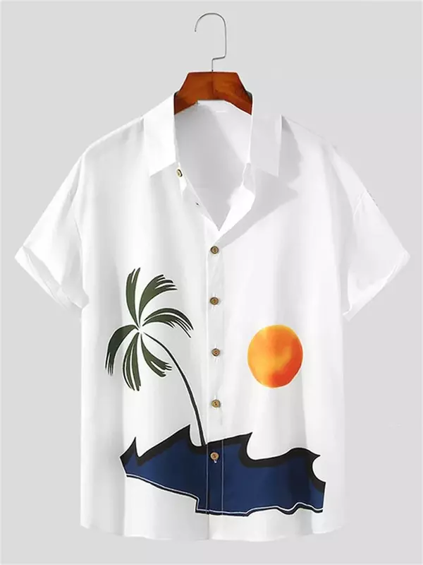 Camisa de praia de manga curta masculina, tops de lapela havaiano, estampado coco por do sol, casual, elegante, novo estilo, 2024