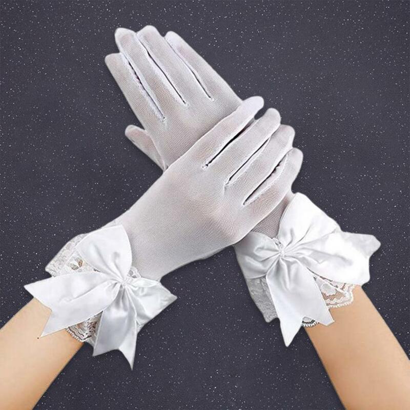 1 Pair Bridal Wedding Dress Gloves Bowknot Decor Mesh Lace Splicing Cuffs Gloves Marriage Party Accessories