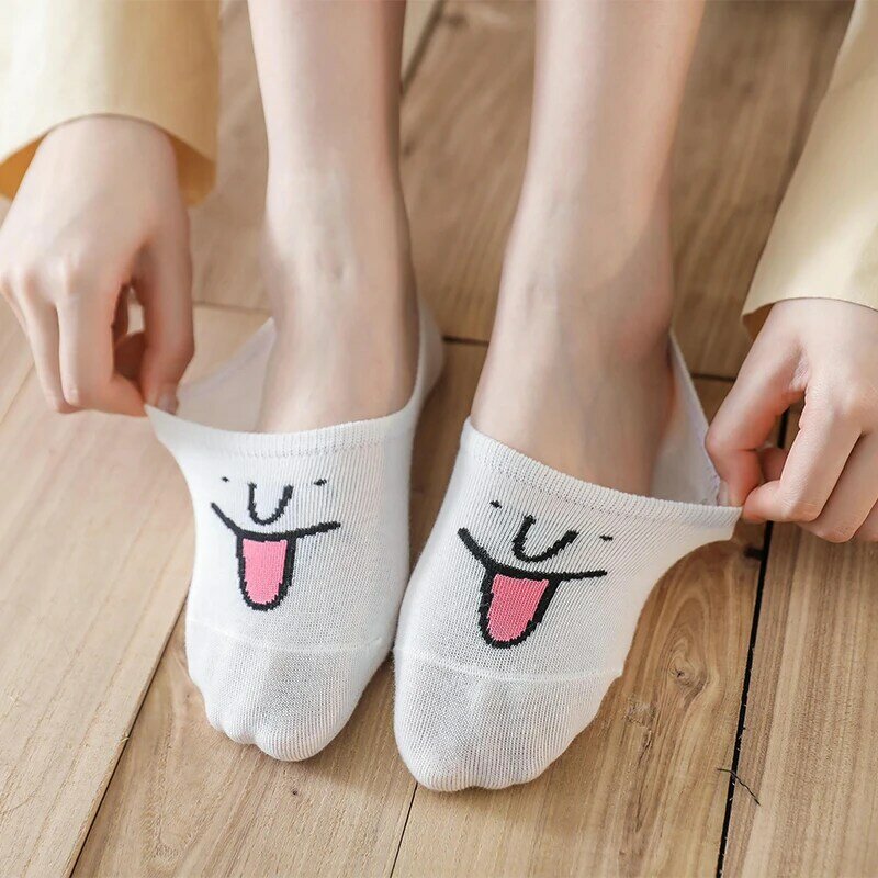 Meias antiderrapantes invisíveis para mulheres, meias engraçadas de barco, meninas de Harajuku, meias casuais confortáveis femininas felizes, 5 pares