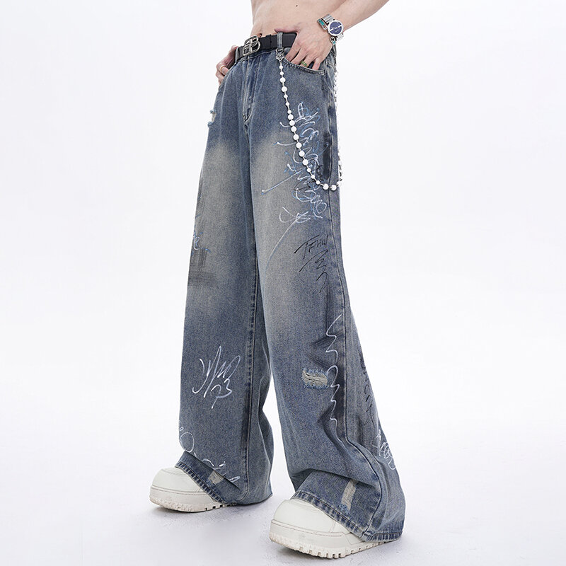 FEWQ American Style Jeans Men's Summer New Niche Design High Street Vintage Straight-leg Pants Splash-ink Graffiti Design 24Y120