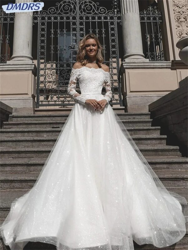 Luksusowa ozdobiony paciorkami ślubny sukienka romantyczna z długim rękawem suknia ślubna 2024 elegancka z odkrytymi ramionami szata panny młodej Vestidos De Novia