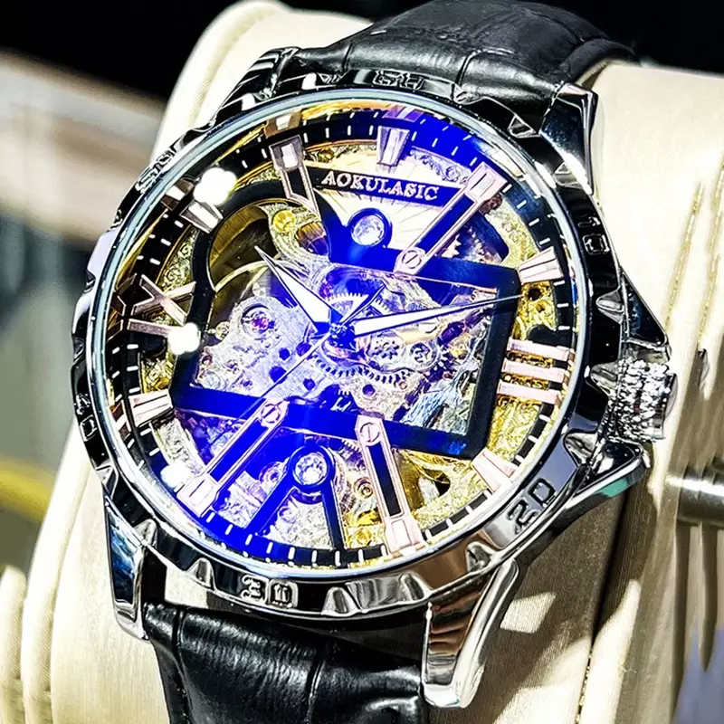 Мужские автоматические механические часы AOKULASIC 2023, модные роскошные деловые часы с вырезами, мужские водонепроницаемые спортивные часы