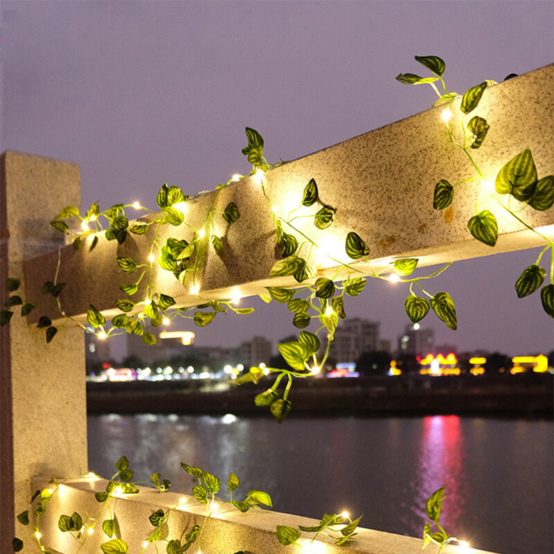 أضواء جارلاند خرافية للطاقة الشمسية مقاومة للماء ، ورقة خضراء ، ضوء لبلاب ، في الهواء الطلق ، ساحة ، حديقة ، حفلة ، ديكور زفاف ، 2-10 متر