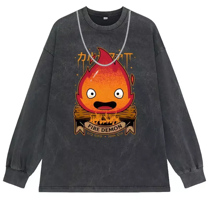 Calcifer Demon T Shirt Hip Hop Fall Washed Tshirt Retro Sweatshirts For Boys Long Sleeve Family Style Streetwear Funny T Shirt