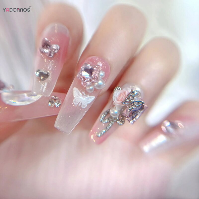 10 buah Blush Pink kuku palsu buatan tangan balerina panjang Tekan pada kuku Glitter berlian imitasi bintang bunga desain kupu-kupu DIY manikur