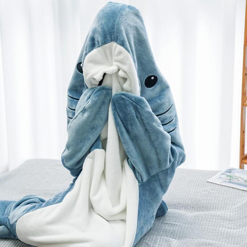 Flannel Hoodie Blanket Cartoon Shark Sleeping Bag Soft Warm Pajamas Office Cozy Fabric Shark Shawl Blanket For Children Adult
