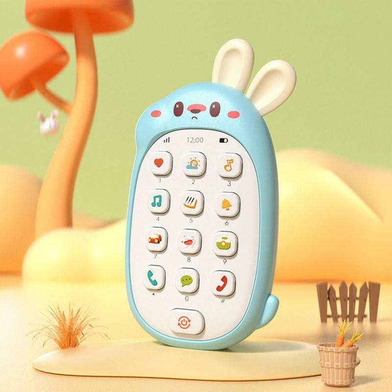 Mainan ponsel anak bentuk kelinci lucu mainan telepon dengan telinga kunyah bertenaga baterai mainan edukasi dwibahasa multifungsi untuk