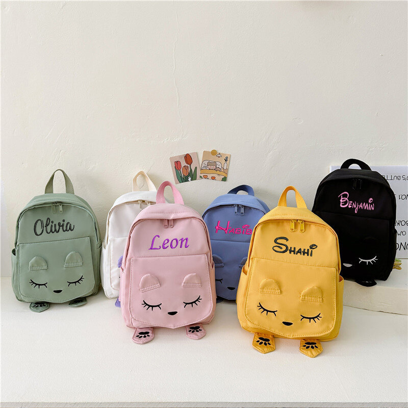 Mochila personalizada con bordado de gato para niños, bolsos de hombro de viaje con nombre personalizado, regalos de cumpleaños, mochila escolar para niñas y niños