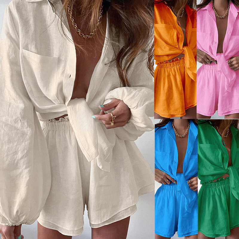 Conjuntos de shorts boêmios femininos, roupas soltas, terno de blusa, branco sólido, primavera, verão, conjunto de 2 peças, 2023