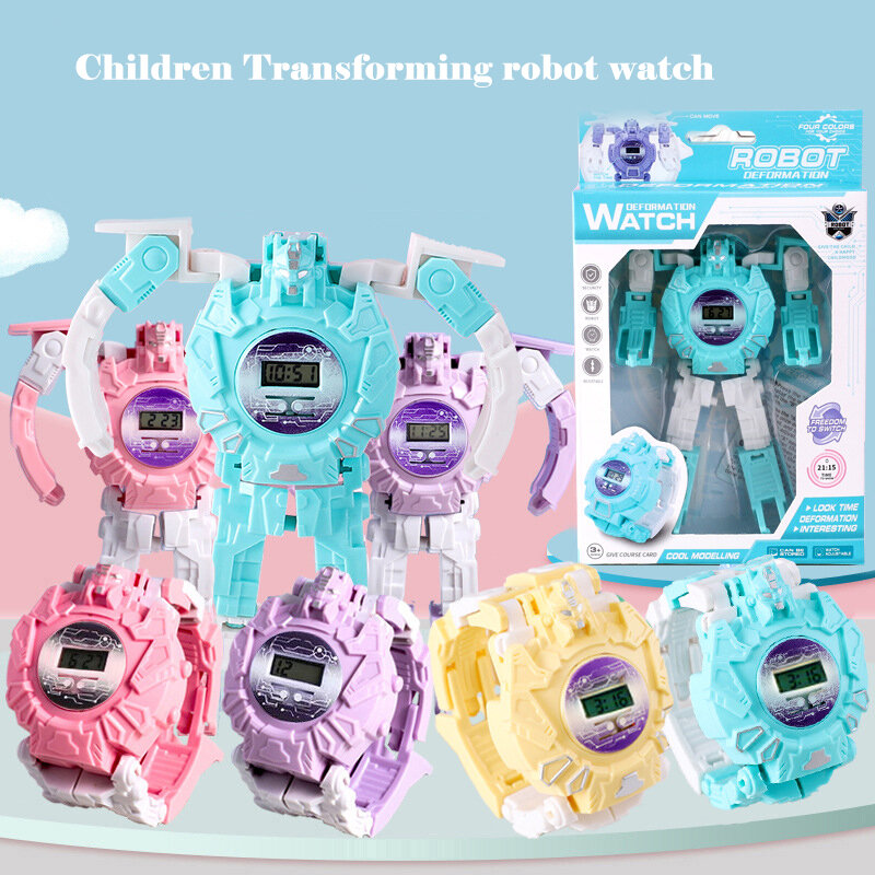 어린이 창의적인 전자 변형 로봇 시계, 만화 재미있는 변형 로봇 장난감, 소년 소녀 인지 시간 시계 장난감