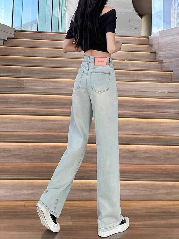 กางเกงยีนส์ขากว้างสำหรับผู้หญิง, กางเกงยีนส์ขาตรงแคบเอวสูงทรงสลิมฟิต2024ฤดูร้อน
