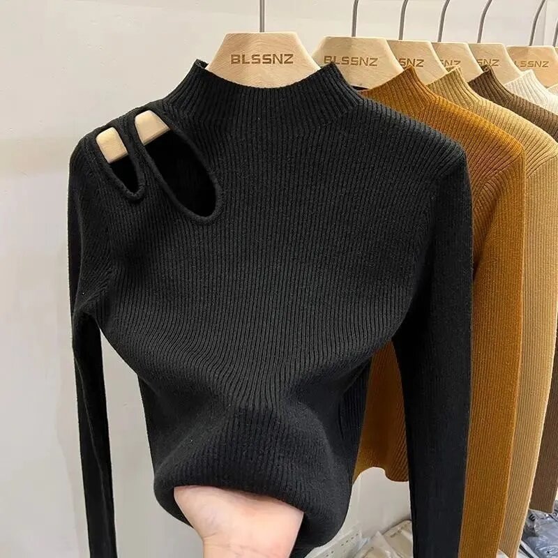 2024 Jumpers Autumn Winter Knitted Women's New Fashion Versatile Sweater Half High Neck Long Sleeve Tight Bottom Shirt Pullovers