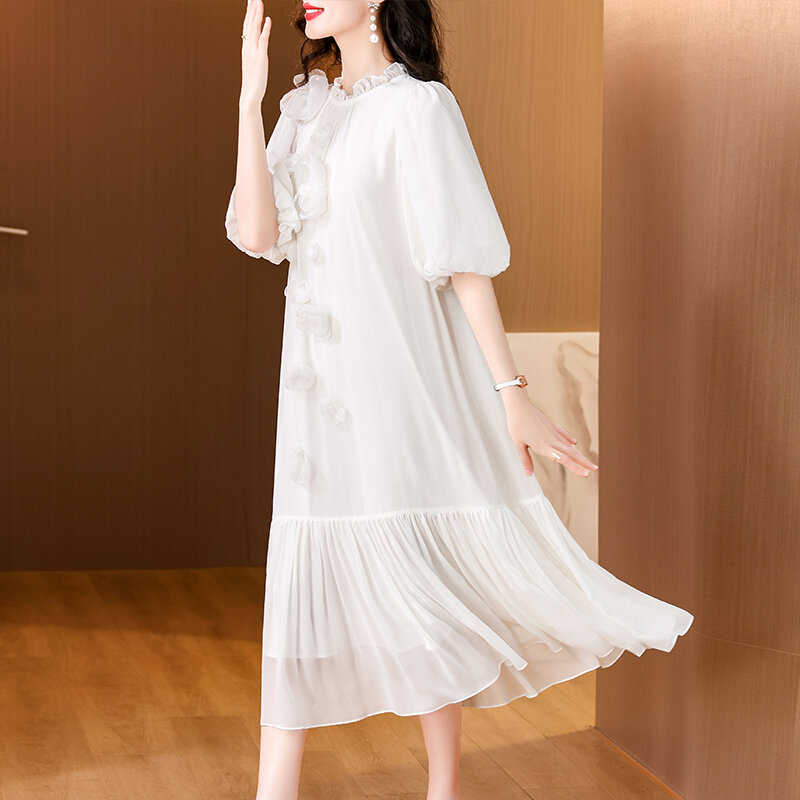 Robe mi-longue en dentelle florale pour femme, perles blanches, robe maxi élégante coréenne, vintage, chic, soirée, luxe, été, 2024