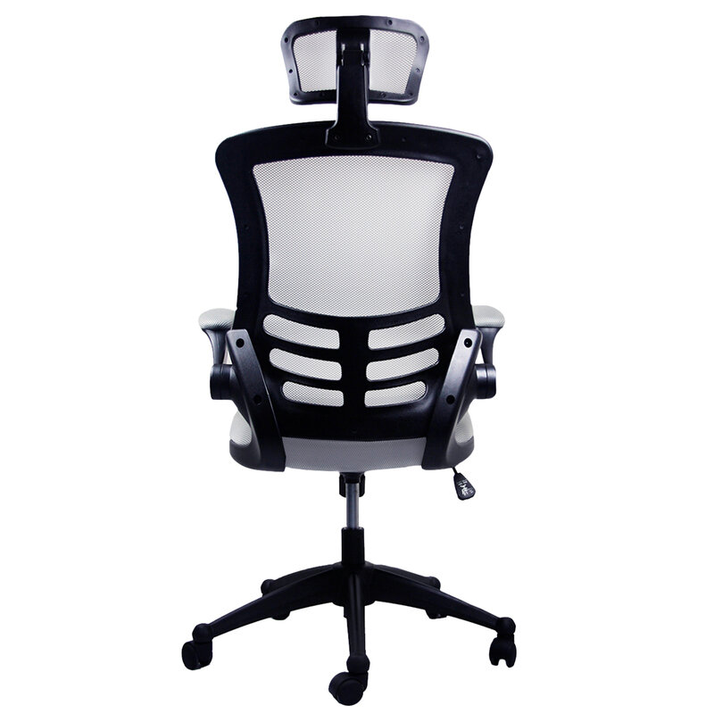 Современное офисное кресло высокого качества с высокой спинкой, серебристо-серого цвета, с подголовником и откидными дужками от Techni mobile, стильное и эргономичное
