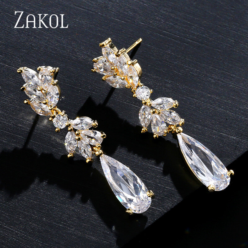 ZAKOL – boucles d'oreilles en Zircon blanc pour femme, pendentif en cristal avec fleur et goutte d'eau, bijoux de mariage