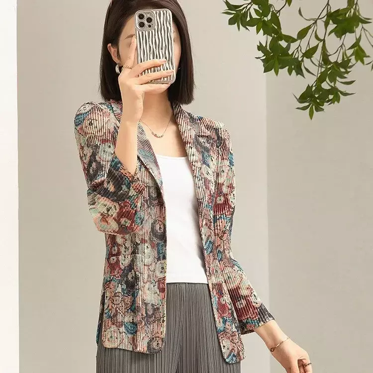 Miyake plissado blazer impresso feminino, terno versátil, top curto de peito único, design de nicho, temperamento, pendulares, nicho, colarinho