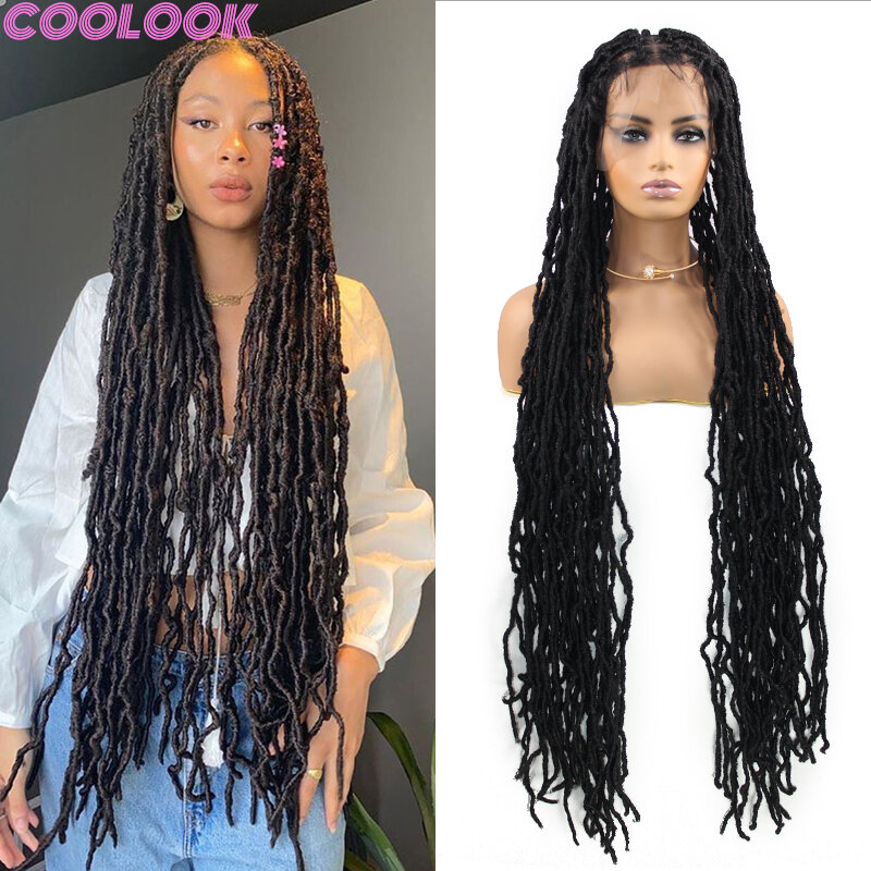 Synthetic Twist Braided Full Lace Wig for african women 40'' black Butterfly Locs Braids Wig Silky Lace Frontal Wig for braiding