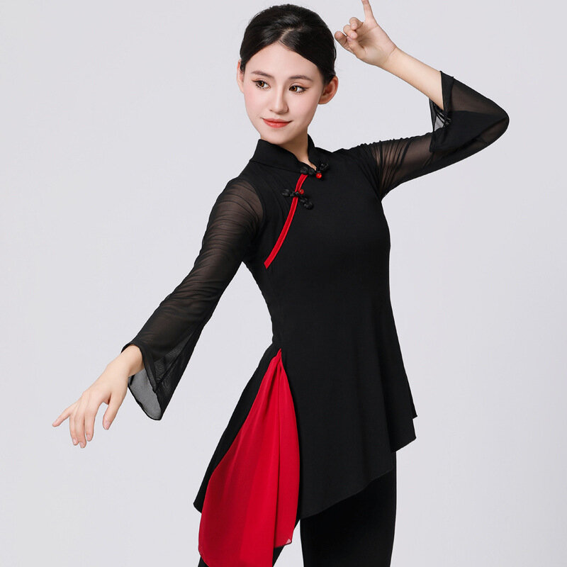Новинка 2023, Женские топы для восточных танцев для взрослых, Женская Латиноамериканская черная рубашка с вырезом, китайская танцевальная одежда Qipao