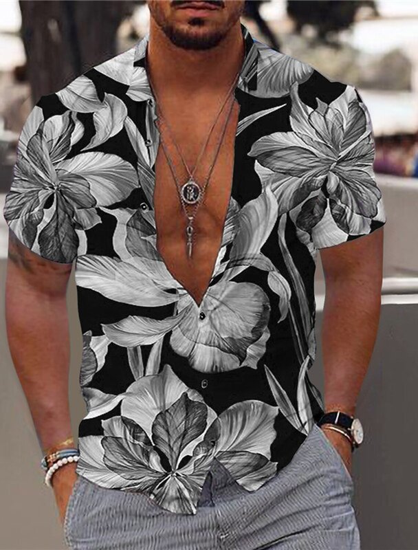 เสื้อกราฟิกเสื้อเชิ้ตผู้ชายเสื้อ kemeja Aloha พิมพ์ลายดอกไม้, เสื้อผ้าลำลองแขนสั้นติดกระดุมสำหรับกิจกรรมกลางแจ้งระบายอากาศได้ดี