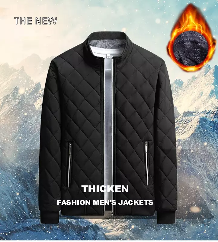 2023 Brand New Slim Fit Coat Autumn Winter Bomber Jacket Men Diamond Pattern Fleece Lined Casual Jacket Men Fashion Clothing