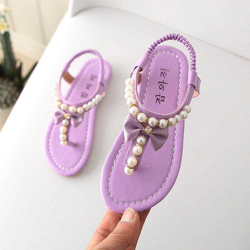 Sandalias infantiles para niña, zapatos de verano para bebé, zapatos de princesa, Tanga con cuentas de perlas, sandalias de playa, zapatos escolares para niño