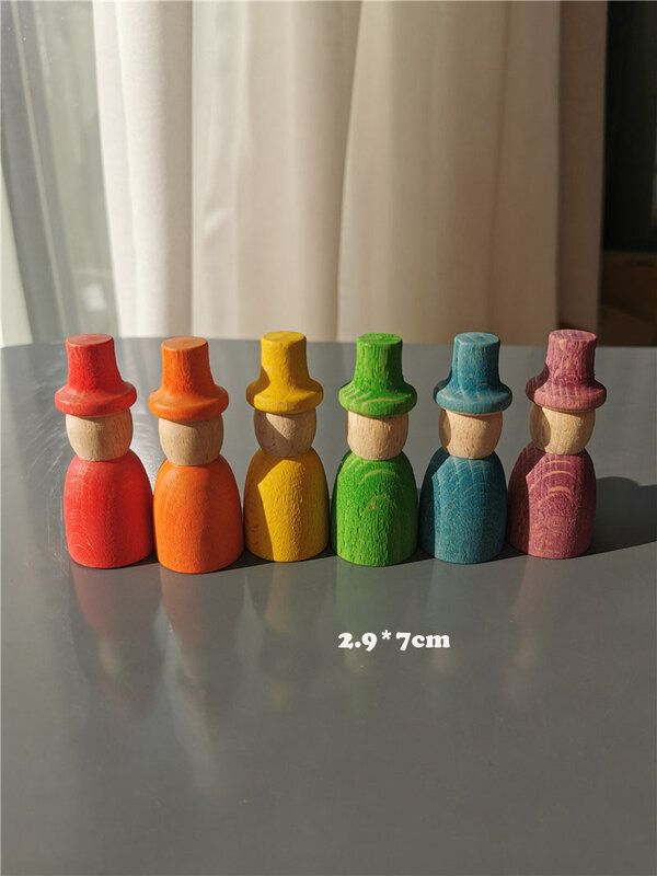 Rainbow Wood Peg Dolls Pastel Color  Wizard Figures Montessori Toy For Kids Block Play