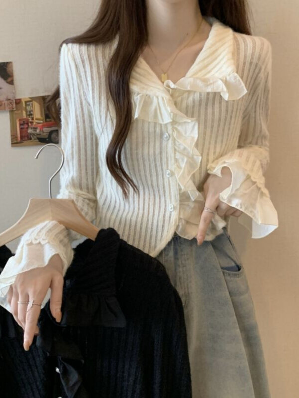 Long Sleeve Blouses Women Casual Knitted Stylish Solid Soft V-neck Lace Ruffles Sweet Elegant Preppy Korean Style Trendy Ulzzang