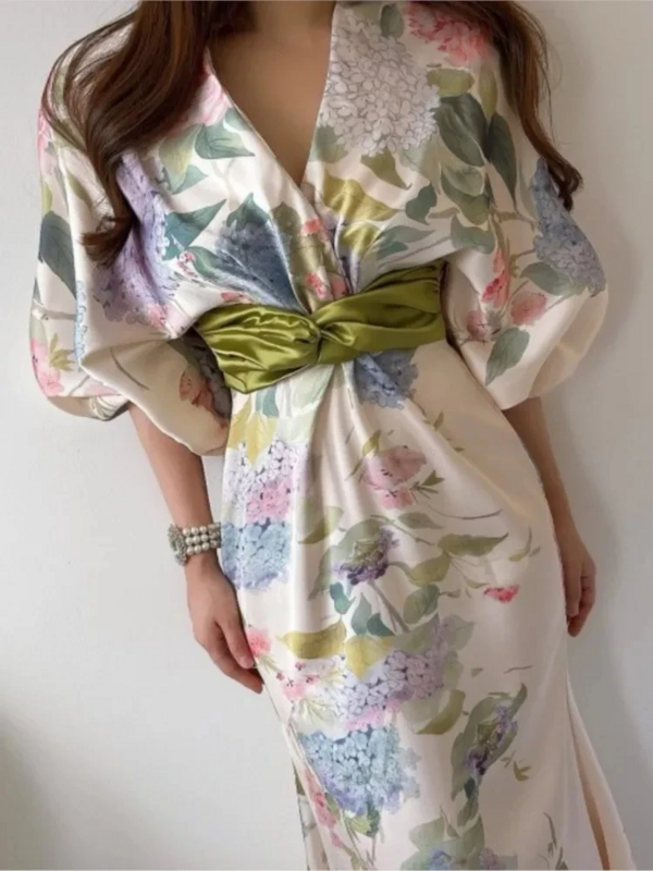 Frauen elegante Blumen Midi Kleid Frühling Vintage Japan Stil schicke Bodycon Geburtstags feier Vestidos weibliche Mode ein Stück Robe