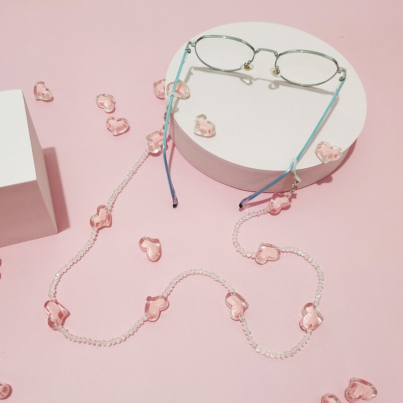 แฟชั่นความรักหัวใจคริสตัลสีชมพูแว่นตากันแดด Chain ลูกปัดโปร่งใสสำหรับแว่นตาสร้อยสตรี Lanyard เครื่องประดับ