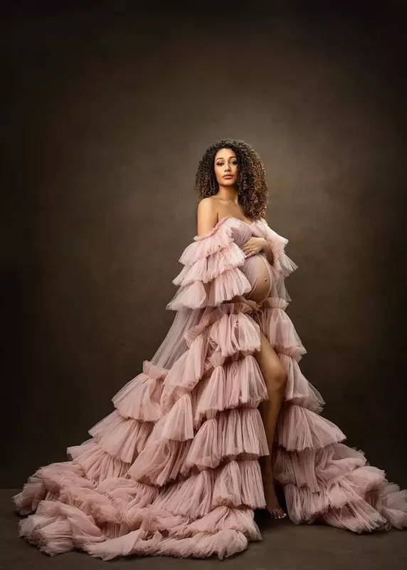 Layered Maternity Dresses for Baby Shower Tulle Dusty Pink Ruffles Long Off Shoulder Photo Shoot Maternity Gowns Women Bathrobe