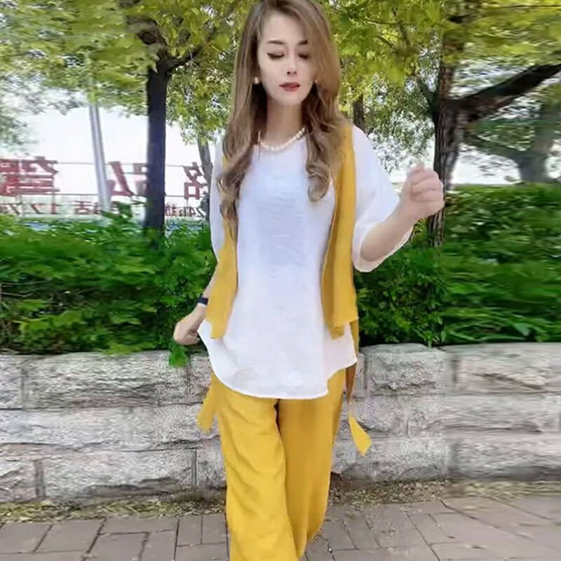 Женский комплект Netizen из трех предметов, Новинка лета 2024, приталенные Короткие рукава + жилет на шнуровке + модные брюки в Корейском стиле